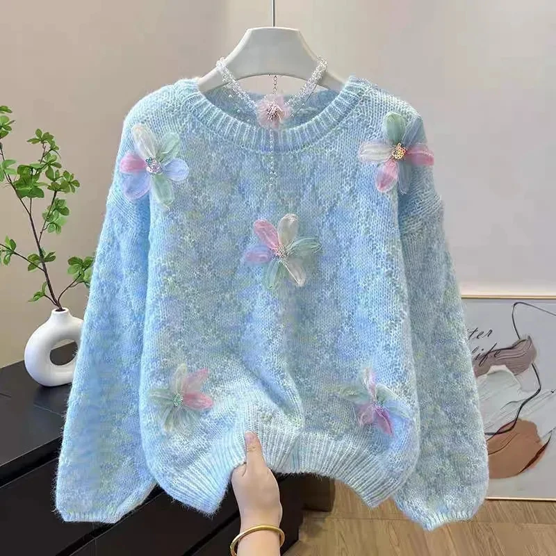 Korean High-Quality Gradient Three-dimensional Flowers Women's Sweater Autumn New Wind Round Neck Short Sweater Ladies Pullover
