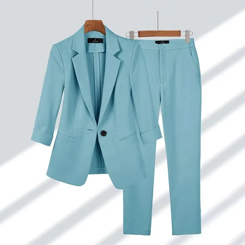 Women Basic Joker Blazer Pants Set 2024 Spring Summer Office Lady Thin Solid Three Quarter Suit Jackets Workwear Outfits Female