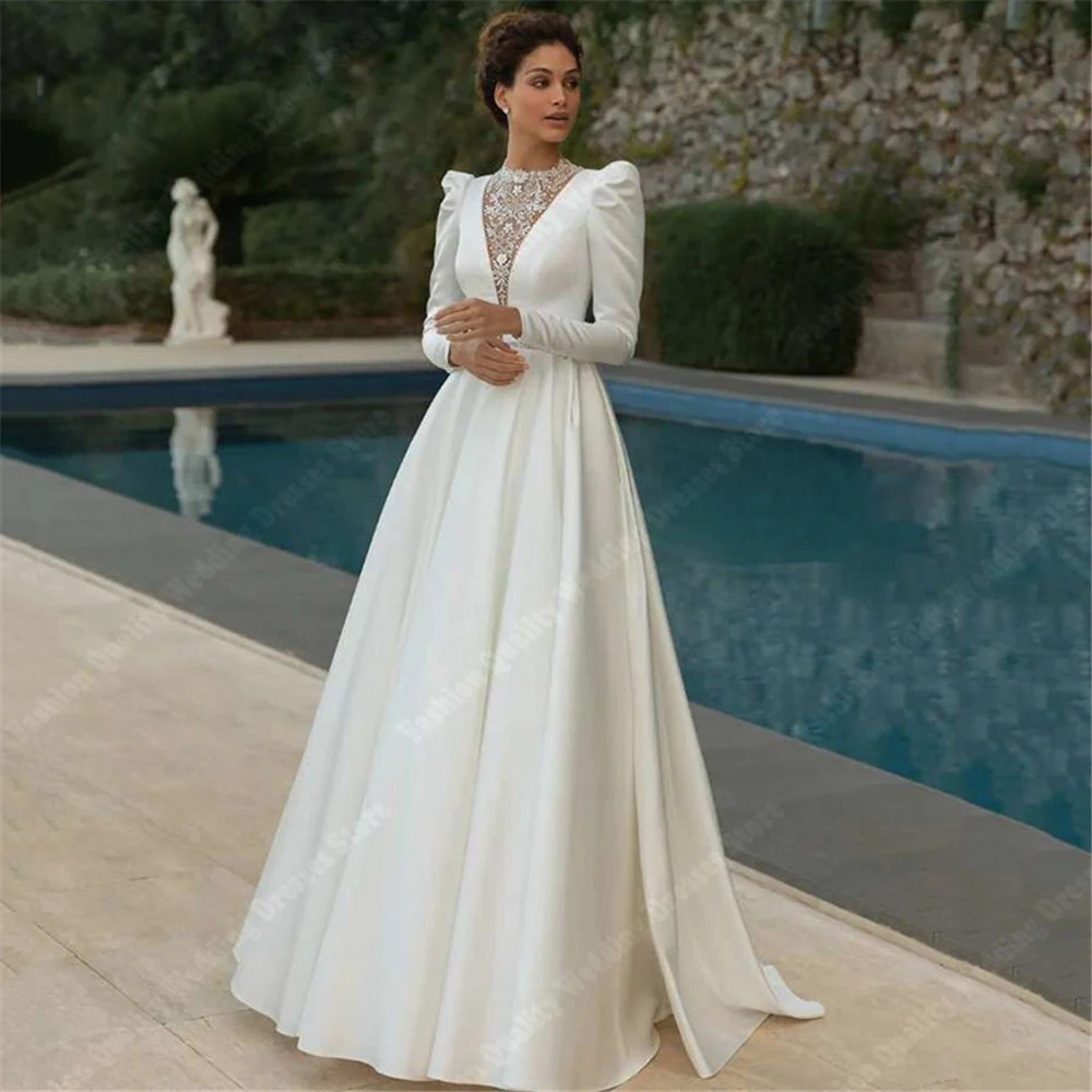 Sederhana gaun pernikahan permukaan Satin baru halus lengan panjang gaun pengantin pesta Formal lantai mengepel V-Neck Vestidos De Novia