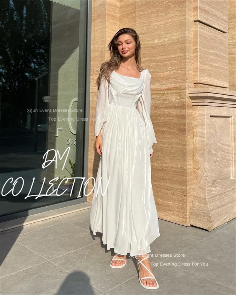 Xijun White Short Prom Dresses Ankle Length Square Collar Evening Dresses A-Line Formal Prom Gowns Full Sleeves 2023 Party Gowns