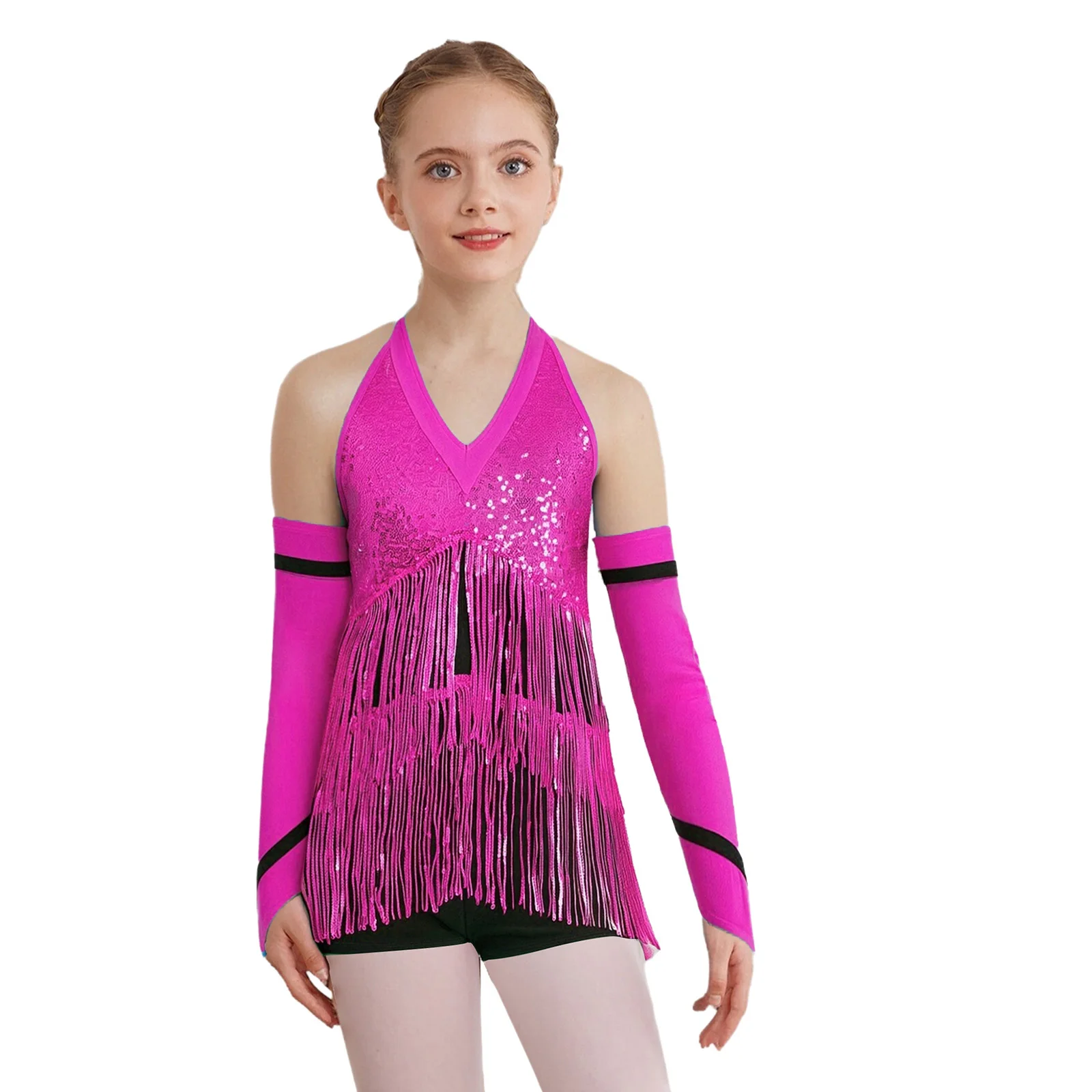 

Kids Girls Glittery Latin Jazz Cha-cha Samba Stage Performance Costume Halter Sleeveless Sequins Leotard with Gloves Dance Wear
