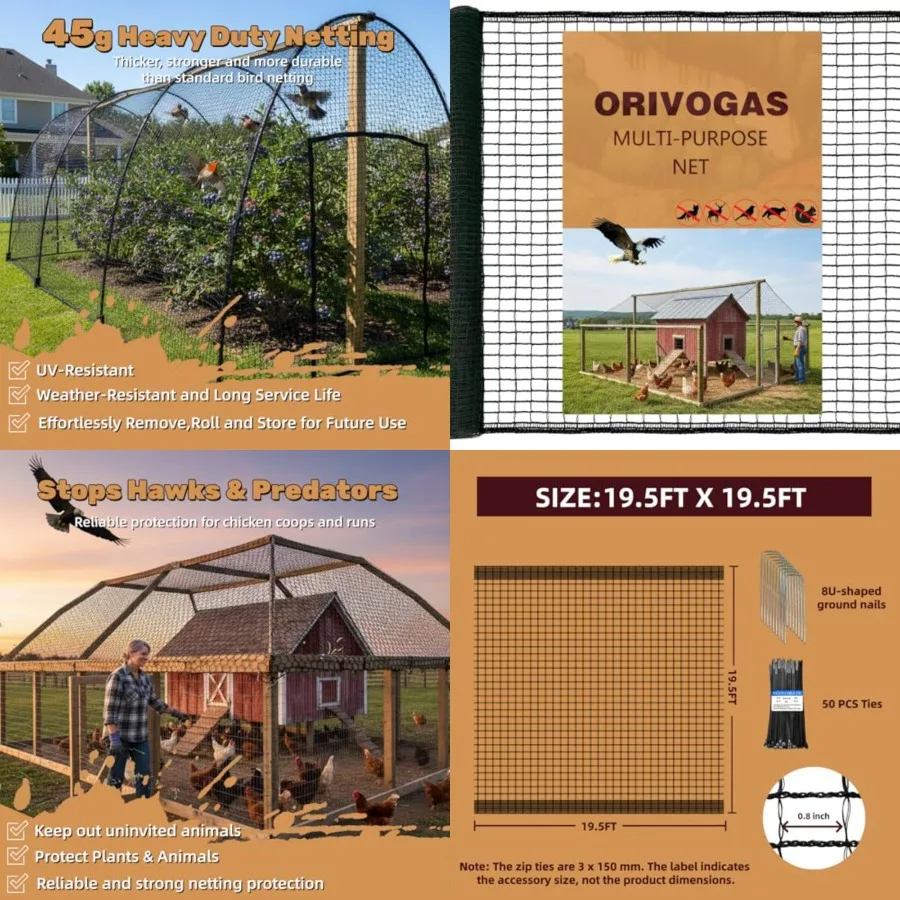 

Heavy Duty Bird Netting for Chicken Coop, 19.5 x 19.5 Feet 0.8"Mesh HDPE Chicken Netting for Hawks with Reinforced Edges, Durab