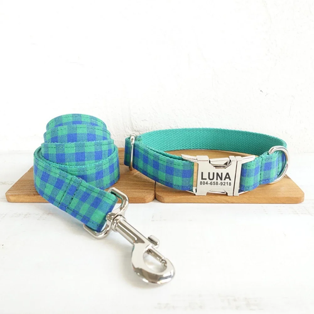 Personalized Pet Collar Free Engraving Custom Puppy Nameplate ID Tag Adjustable Buckle Green Blue Suit Plaid Collars Leash