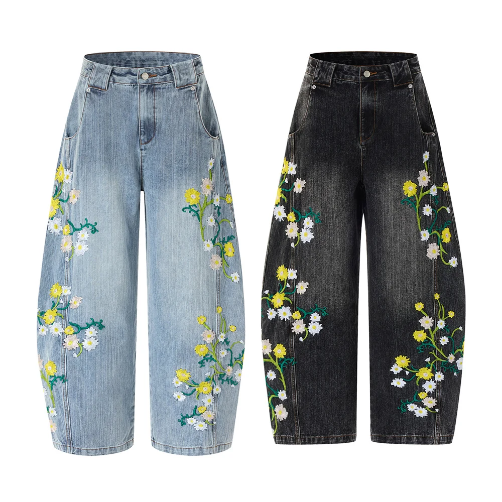 

Мужские джинсы-шаровары в стиле хип-хоп, свободные, повседневные, винтажные, с цветочной вышивкой, широкие штанины, джинсовые брюки, городской стиль, багги-брюки