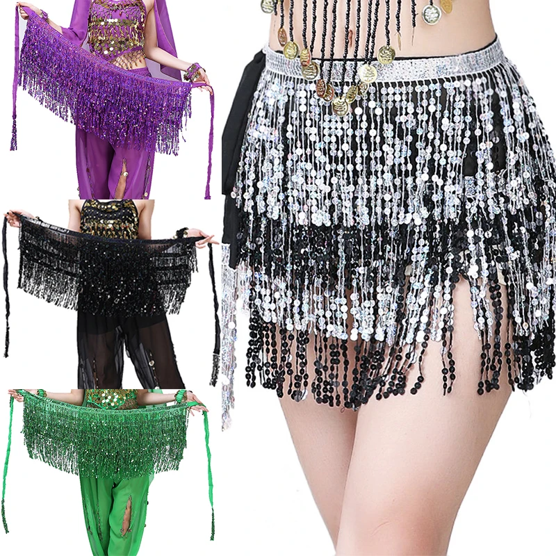 Belly Dance Skirt Shiny Sequin Scarf Tassel Belly Dancer Fringe Skirt Costume for Women & Girls Belly Dance Skirt Newly