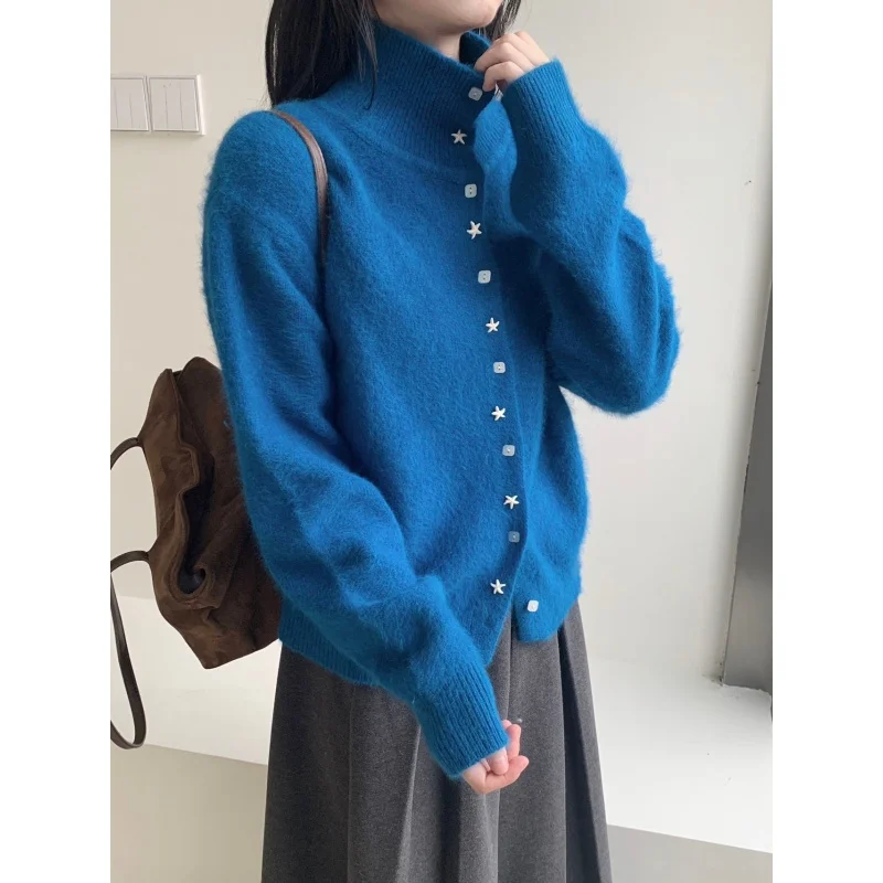Non-Balloning Knitted Sweater Cardigan Women's Top Dongguan Daliang High-End Spring 2025 New Arrival Long Sve Stand Collar