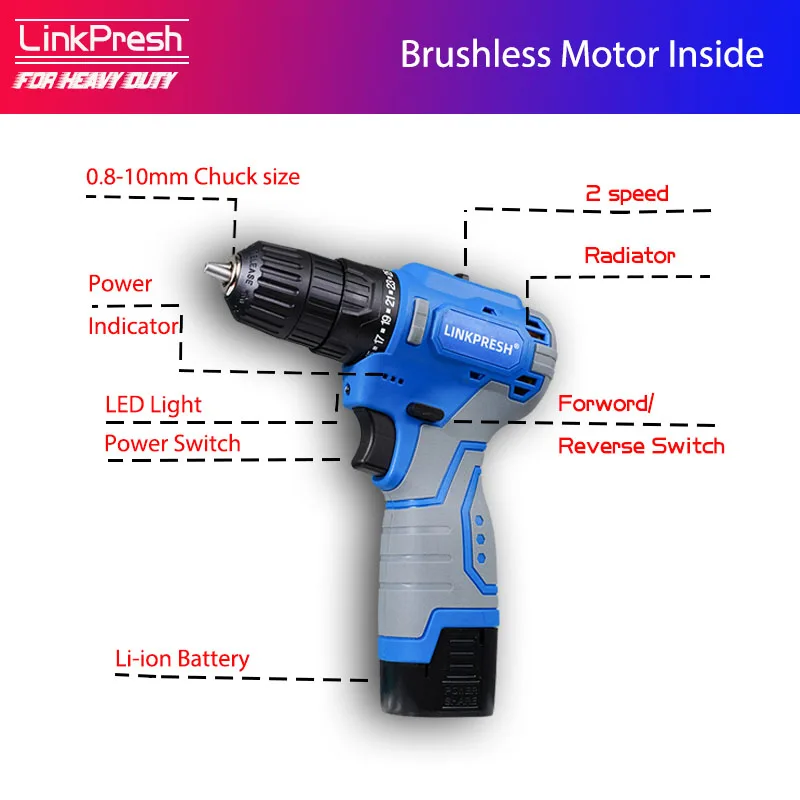 LinkPresh 12v 16v 20v Li-ion Brushless Electric Drill Electric Srewdriver WirelessPower Driver DC Lithium-ion Battery