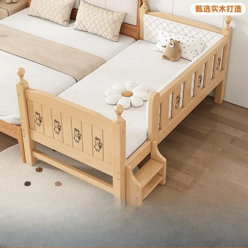 Baby splicing bed, children's widened modern simple newborn crib with guardrail, thickened solid wood bed for boys and girls