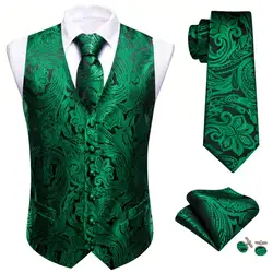 Terno de seda sem mangas masculino, gravata, colete, casamento, verde, preto, paisley, presente formal, vestido de festa, terno de homem, Barry Wang