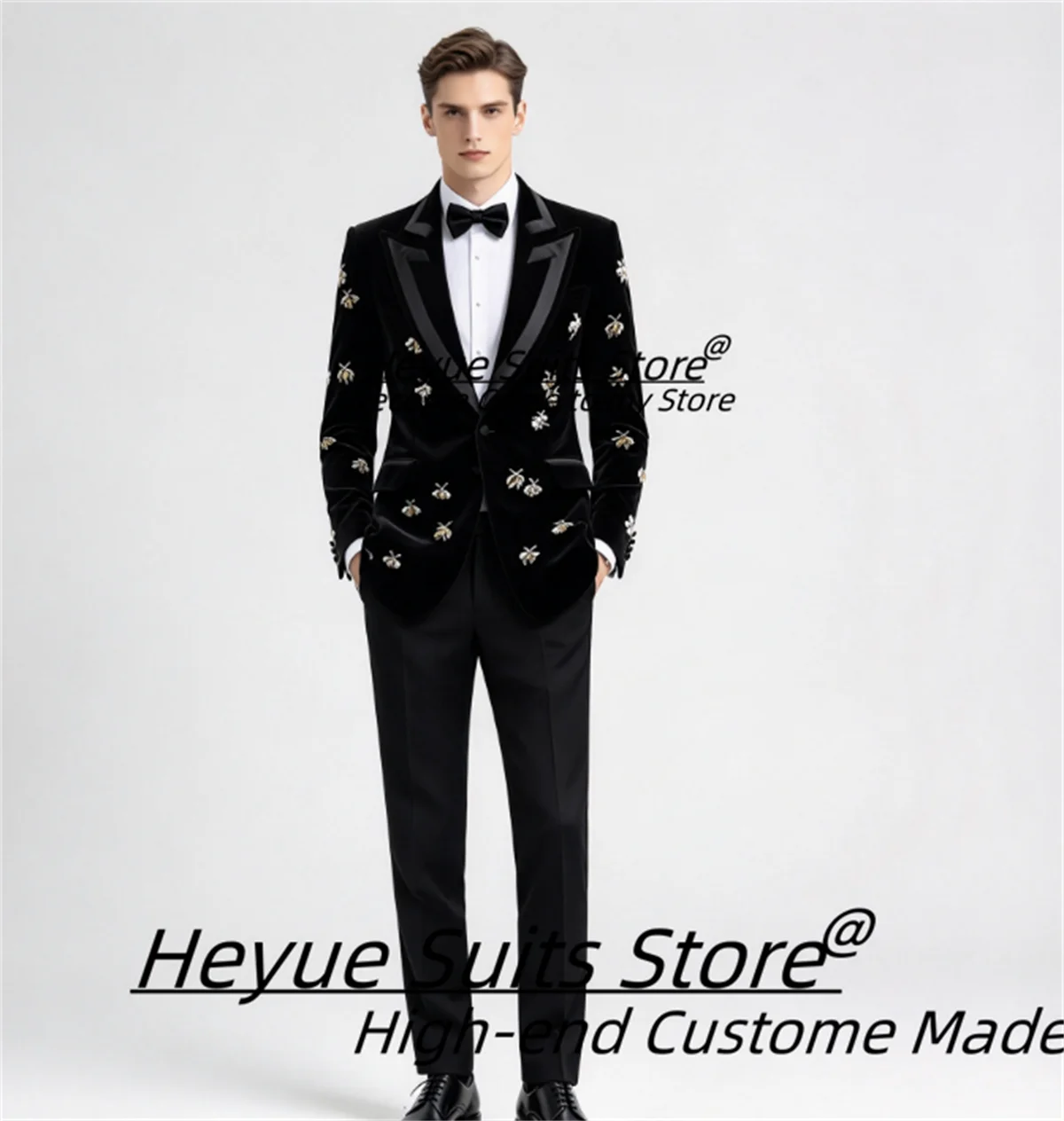 Formal Black Velvet Men Suits Customized Shawl Lapel Crystal Bee Rhinestone Embellished Groom Wedding Tuxedos Formal 2 Pcs Sets