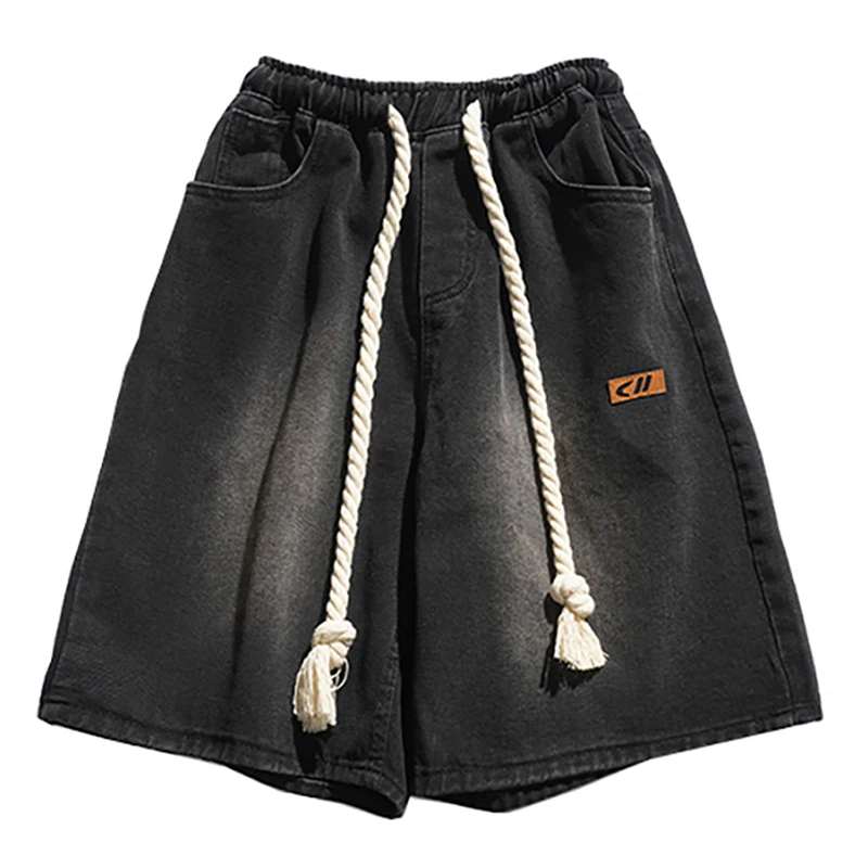 

Men Fashion Clothing Summer New Japanese Retro Versatile Drawstring Black Denim Shorts Casual Loose Solid Mid-waist Pants