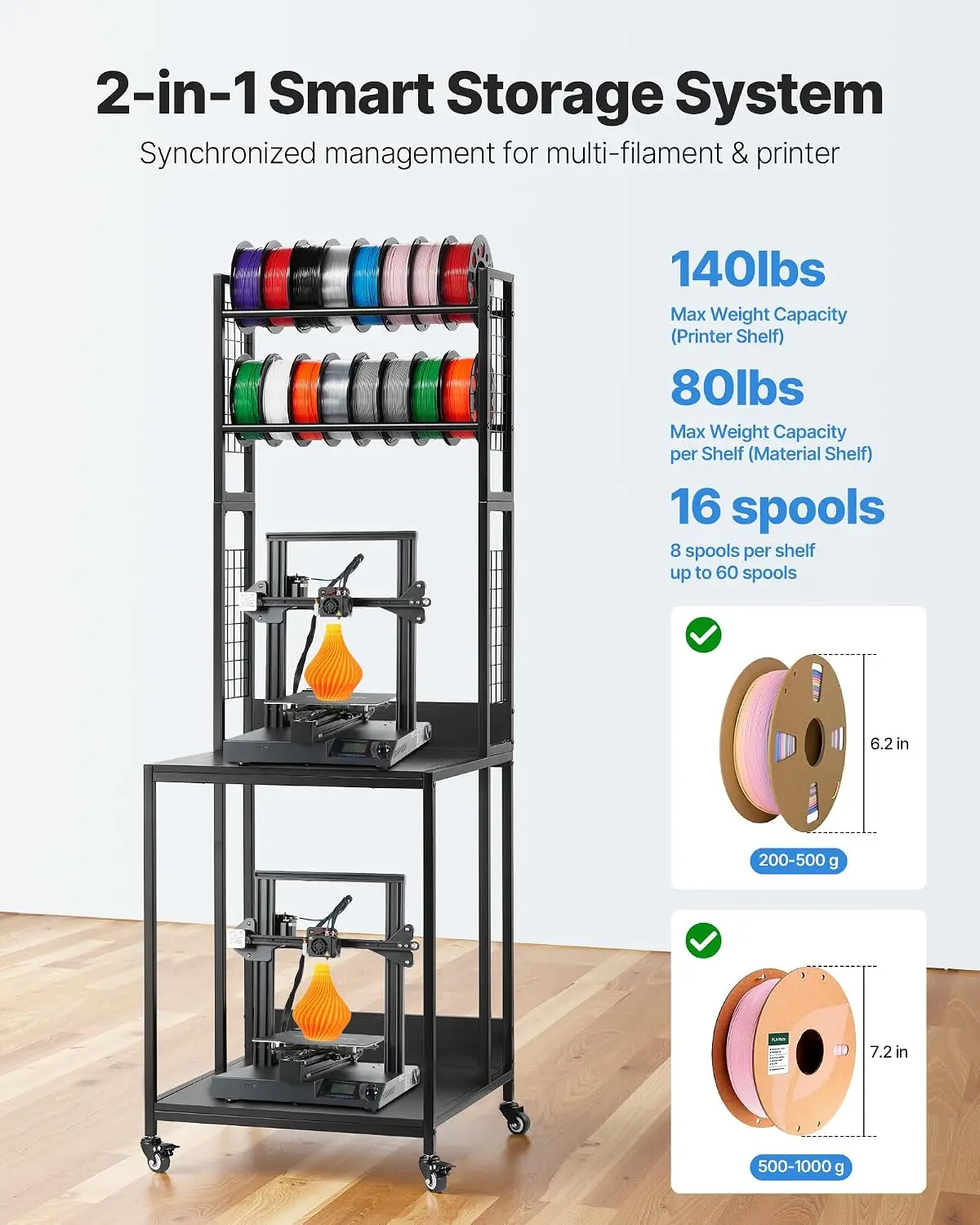 3D Printer Filament Storage Rack, 4-Tier 3D Printer Stand with Filament Storage, Spools Holder Racks Cart with Wheels, Filaments