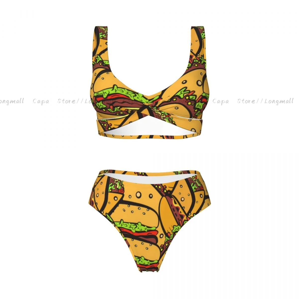 الصيف النساء الخامس الرقبة مجموعة البكيني الفوضى الوجبات السريعة لطيف نمط ملابس السباحة الإناث 2 قطعة ملابس الشاطئ ثوب السباحة #4