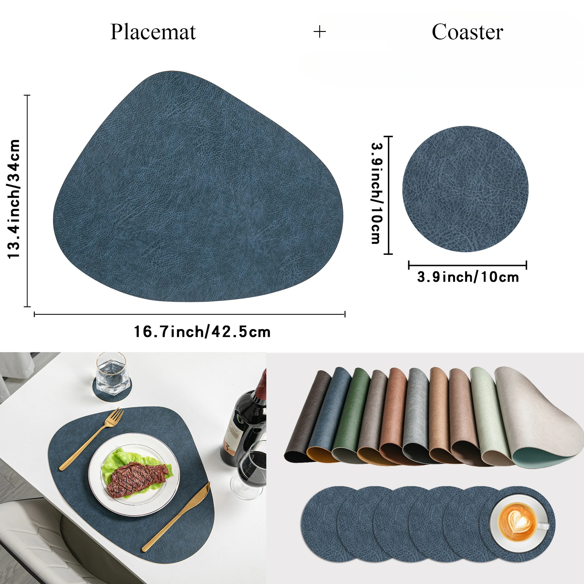 Double-Sided Nordic PU Placemat & Coaster Set - Teardrop 42.5x34cm+Round 10cm,Waterproof Oil-Proof Non-Slip Table Mat(1/10 Sets)