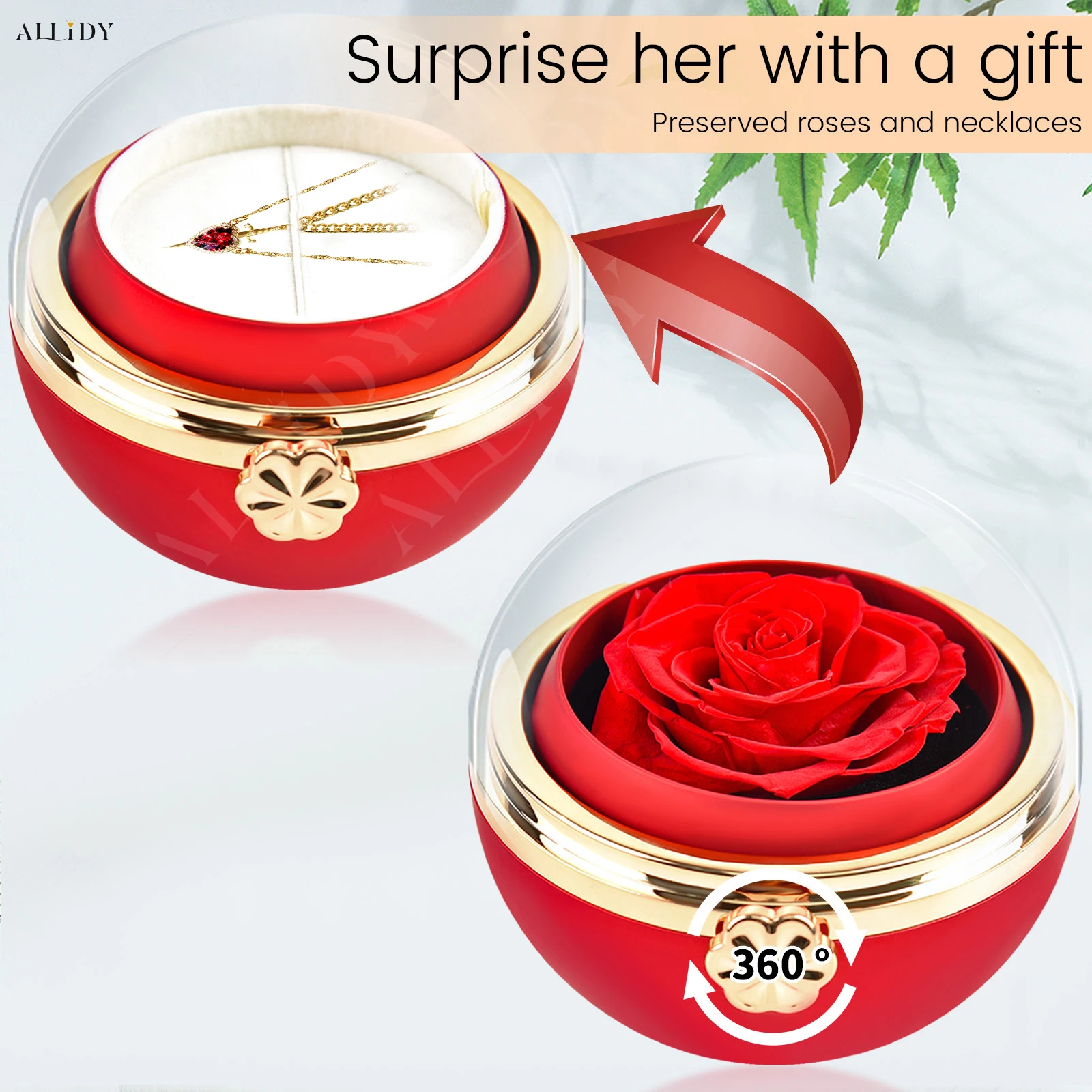 Valentinstagsgeschenk Rote Kristall-Liebeskette Rot Rosa Gold Silber mit echter konservierter Rose Schmuck Geschenkbox-Set – Detail 2