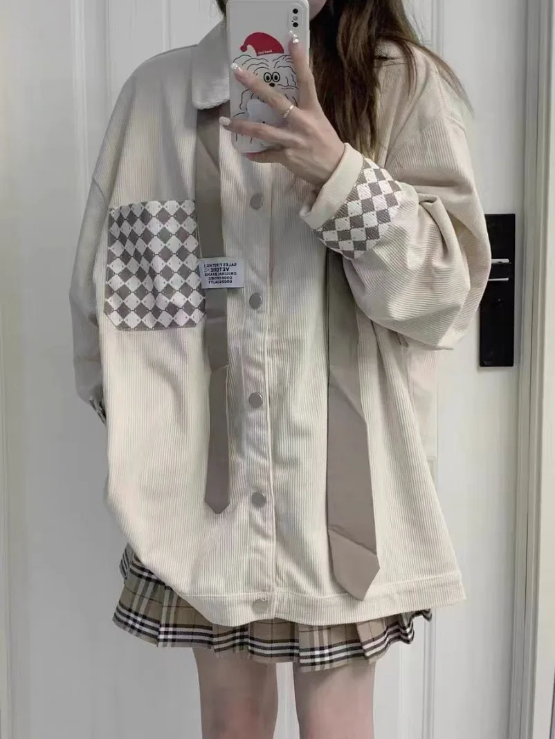 ใหม่ Retro Corduroy Tie เสื้อผู้หญิงลําลอง Oversize Preppy สไตล์เสื้อหลวมแขนยาวลายสก๊อต Patchwork Bf ออกแบบเสื้อฤดูใบไม้ผลิ