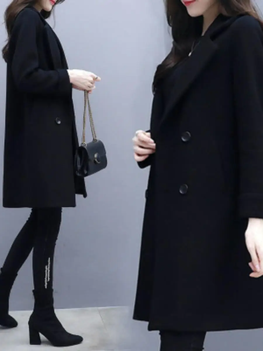 

Новое женское утепленное шерстяное пальто на осень-зиму, черное, приталенное, средней длины, из твида, с длинными рукавами, на одной пуговице.