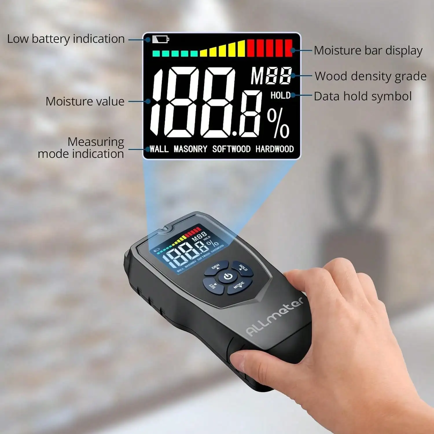 Pinless Vochtmeter Niet-Destructief Hout Vochtdetectiediepte 5Cm Met Lcd-Display Geluidsalarm Voor Houtbewerking En Bouwen