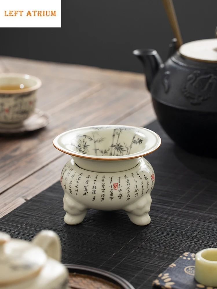 Black Bamboo Ru Kiln  Tea Strainer Set  Tea Infuser Cracked Glaze Tea Separator Infusor Retro Tea Soaking