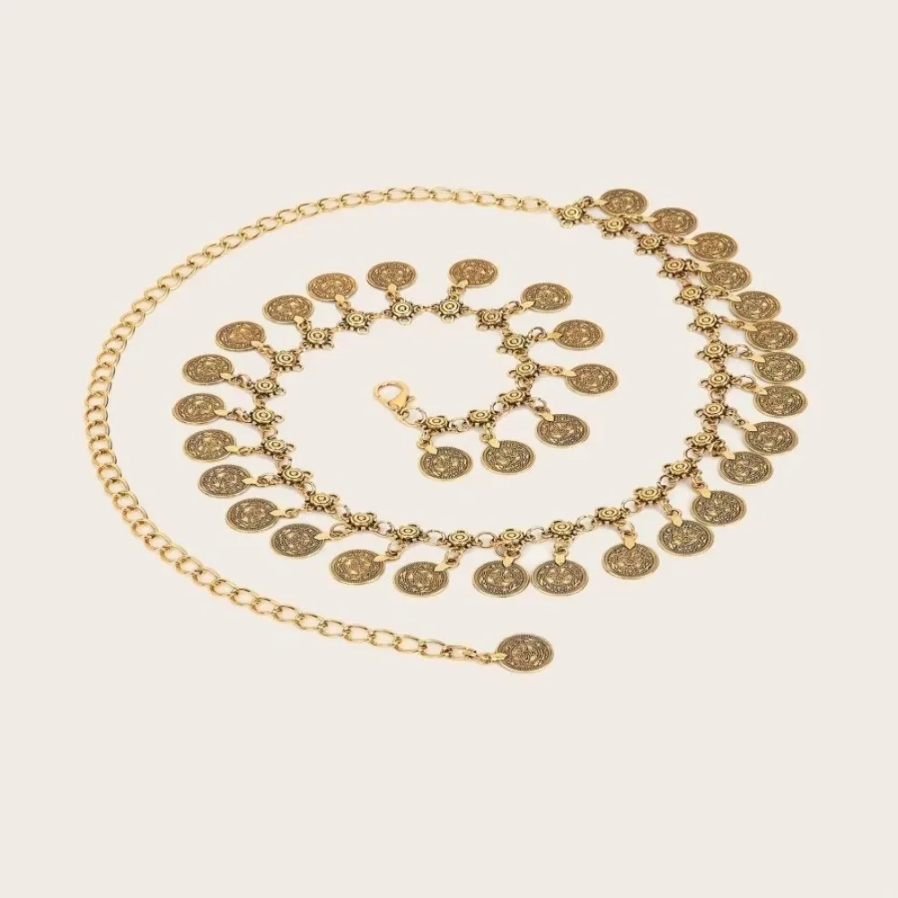 سلسلة بطن معدنية كلاسيكية على الطراز العرقي، تصميم شرابات ذهبية/فضية، حزام خصر يهز العملات المعدنية، سلسلة خصر للنساء
