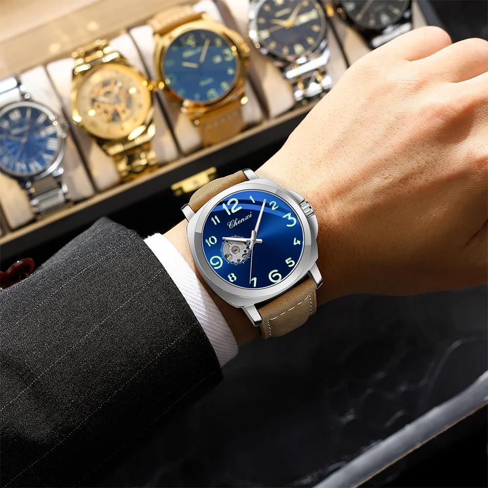 Fully Automatic Mechanical Men's Watch Round Dial Waterproof Luminous Men's Wristwatch Leather Band Man Watches CHENXI