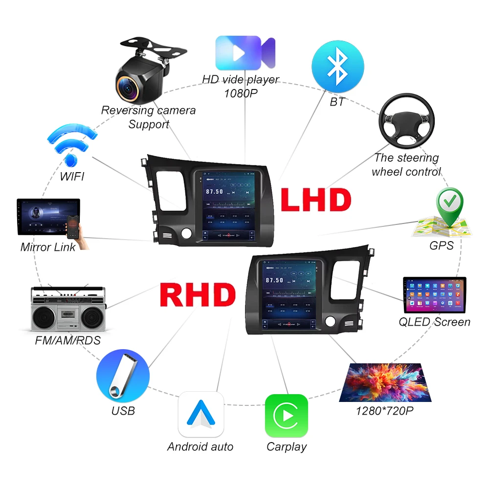 Android Carplay For Honda Civic 2005 - 2012 9.7 Inch for tesla style Android Car Multimedia Player Wifi Navigation Touch Display