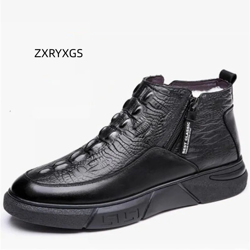 

ZXRYXGS Winter Top Layer Cowhide Crocodile Pattern Wool Boots Men's Shoes 2024 Warm Winterr Men Boots Black Leather Shoes Flat