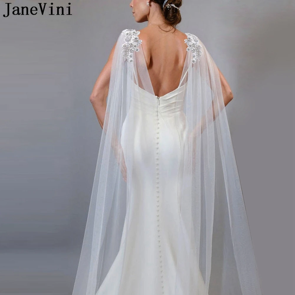 JaneVini Luxury Beaded Pearl Bridal Shawl Wedding Cloak Boléro Femme Soft Tulle Lace Appliques Bride Shrugs Capes Wraps Stoles