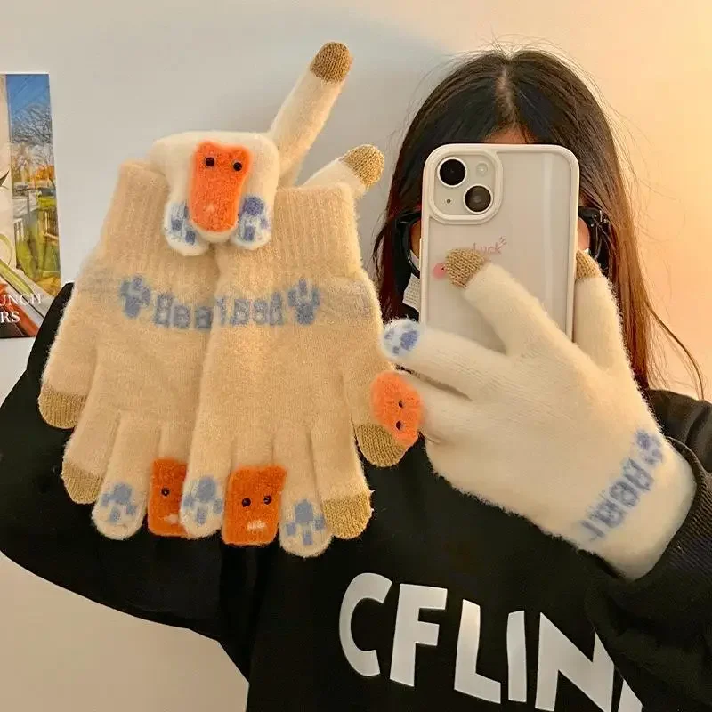 かわいいぬいぐるみ暖かい手袋フィンガータッチスクリーン 5 本指手袋女性のための秋と冬の屋外サイクリング用品