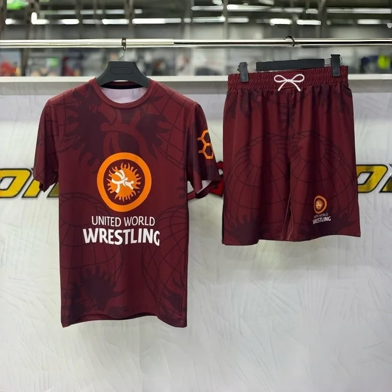 

2026 New Burgundy Retro Style World Wrestling Sports Suit, Unisex, Quick-Drying Short-Sleeve Shorts, Fitness Training Suit
