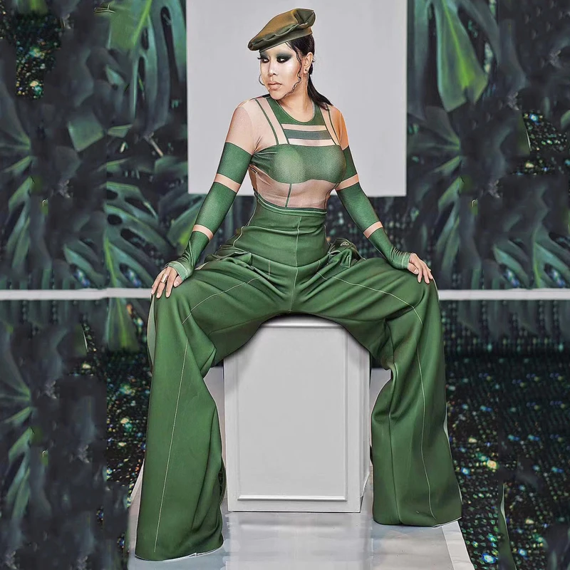 バーナイトクラブビヨンセ女性歌手コスチューム建国記念日フェスティバルパーティーグリーンアーミースタイルパフォーマンスドレスダンスコスチュームyj004