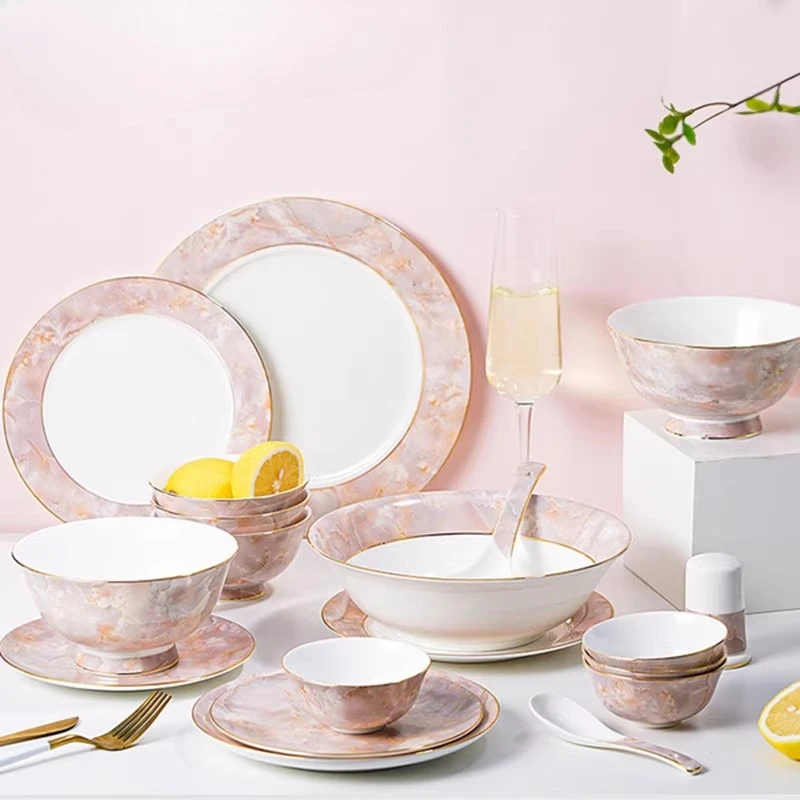 

Bone china tableware set, housewarming household ceramic dishes, bone china European marble tableware