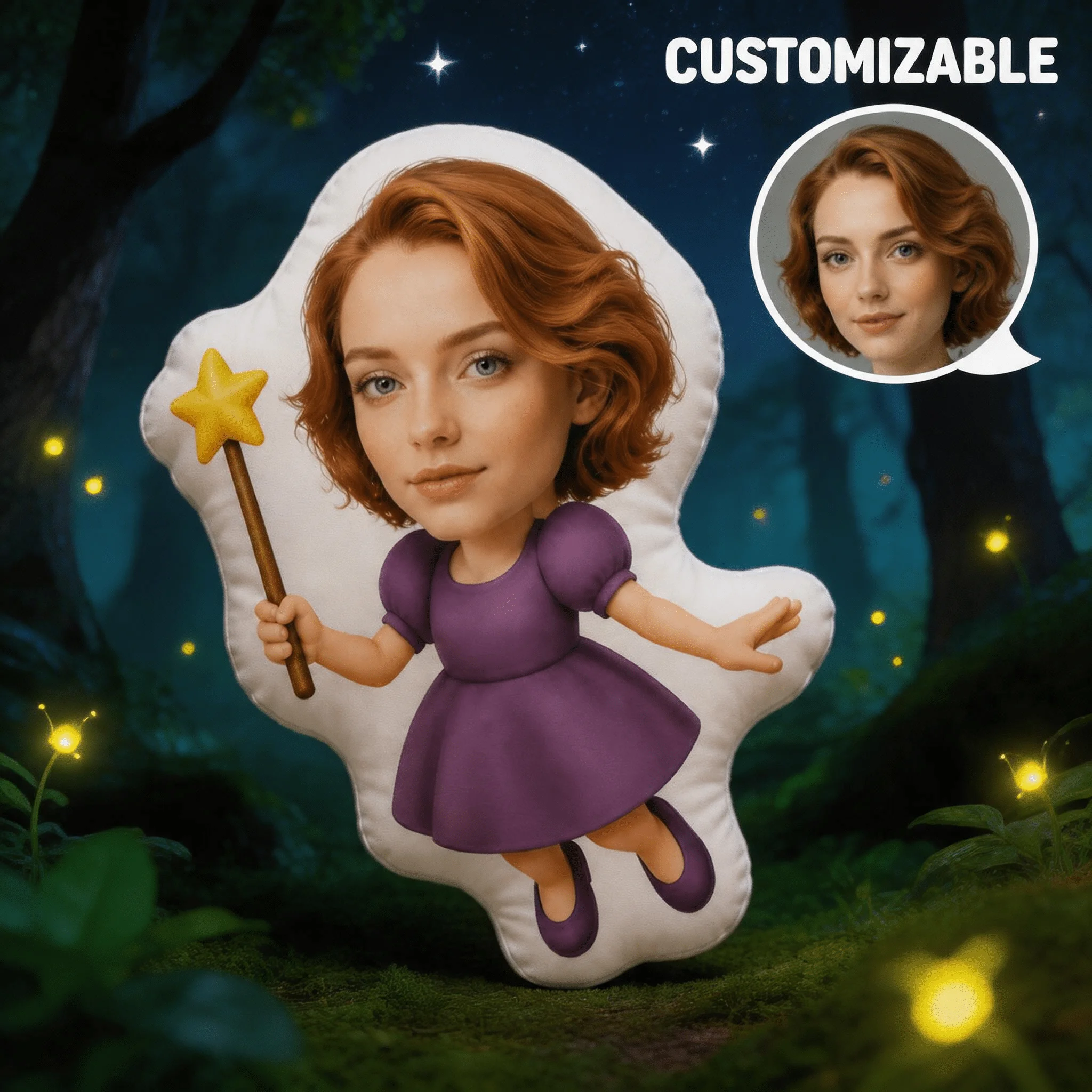 Custom Personalized Photo Face Pillow, Purple Dress And Magic Wand Style Custom Shaped Decorative Cushion, Unique Home Decor Acc