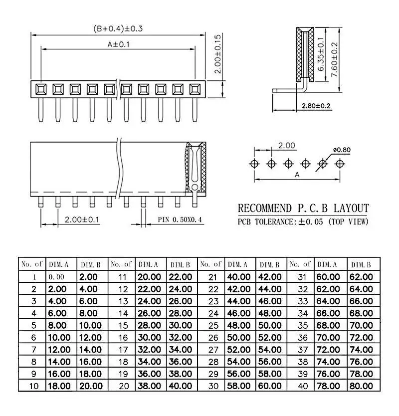 5~10 Stück 2MM Einreihiger Buchsenstecker Rechtwinklig 90 Grad Horizontal 2.0 1*2P3p4p5p6p8p10p 1X40p – Detail 1