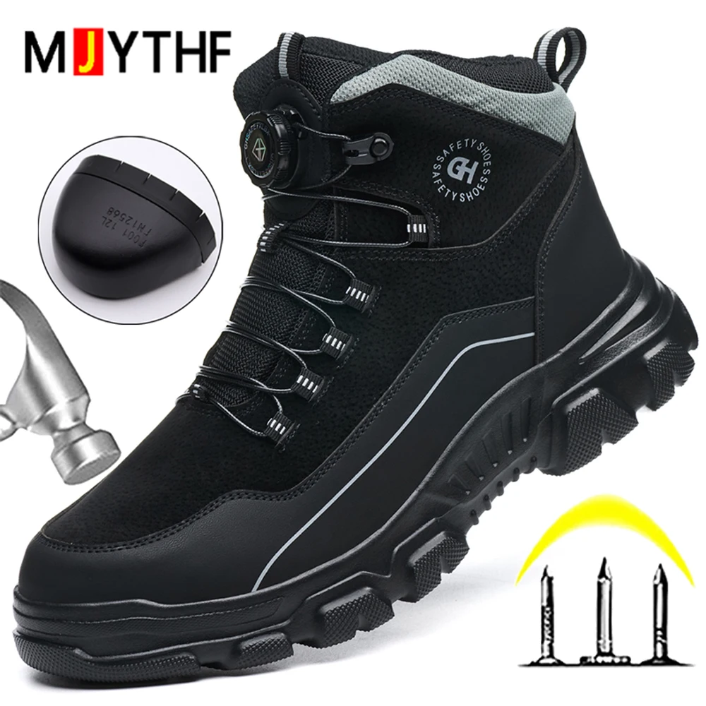 Rotating Button Leather Shoes Safety Boots Men Quality Work Boots Steel Toe Shoes Puncture-Proof Security Sneakers Waterproof