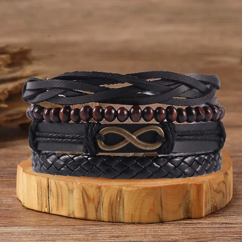 Pulseras de cuero étnicas Vintage para hombres, pulseras de cuero de moda multicapa con tira Moebius Retro, regalos para amigos