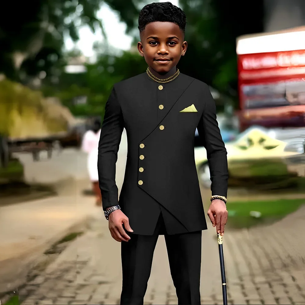

African Boys 2 piece Suit Design Kids Dance Long Jacket Pants Party Wedding Tuxedo Custom Clothes 2-16 years Old