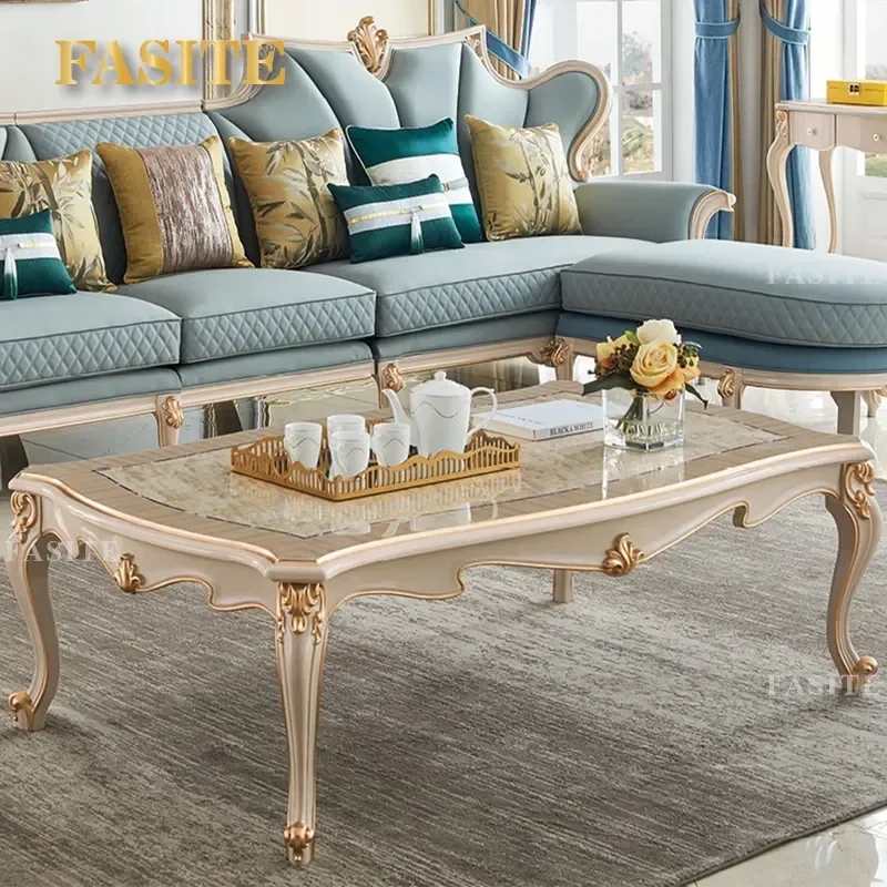 For European Luxury Classic Living Room Center Console Table French Solid Wood Frame Marble Top Tea Coffee Table Furniture
