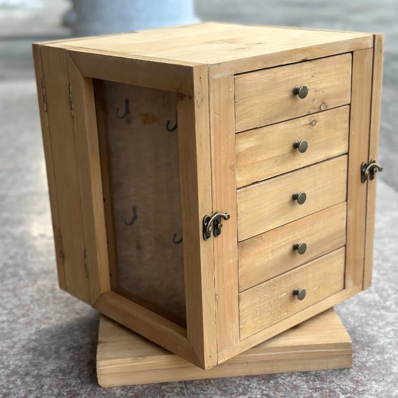 Rotating Jewelry Display Box Solid Wood Retro Necklace Showcase Box Ring Earring Storage Boxes Jewellery Organizer Container