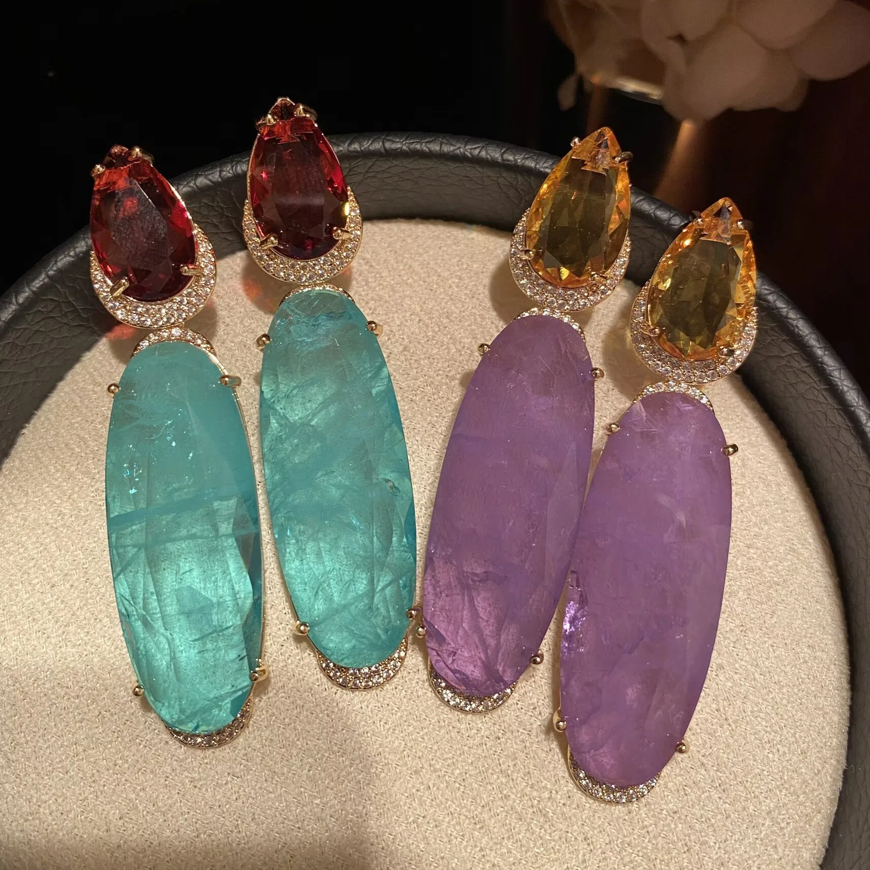 14K Gold Plated Two Tone Pear CZ Halo Drop Earrings Long Oval Textured Gemstone Dangle Earrings Luxury Wedding Party Women State