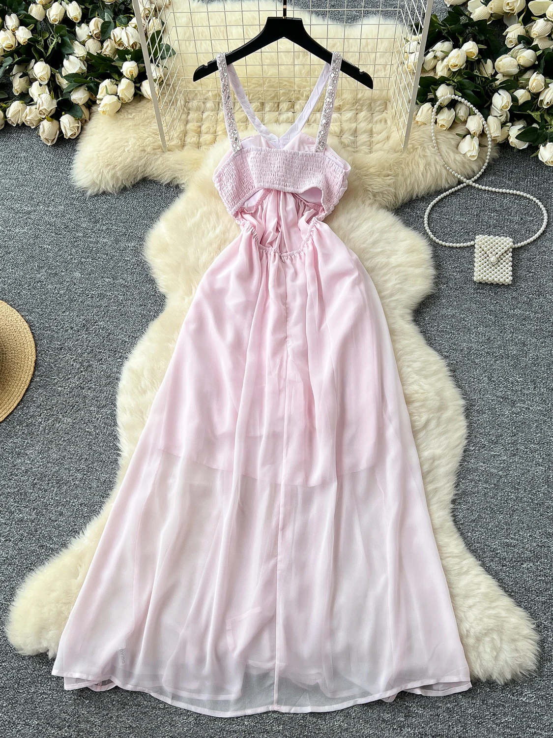 Frauen Sexy Rosa Strand Kleid Sommer V-ausschnitt Chiffon Boho Lange Kleider Damen Schlank Aline Ärmellose Party Lange Robe Vestidos