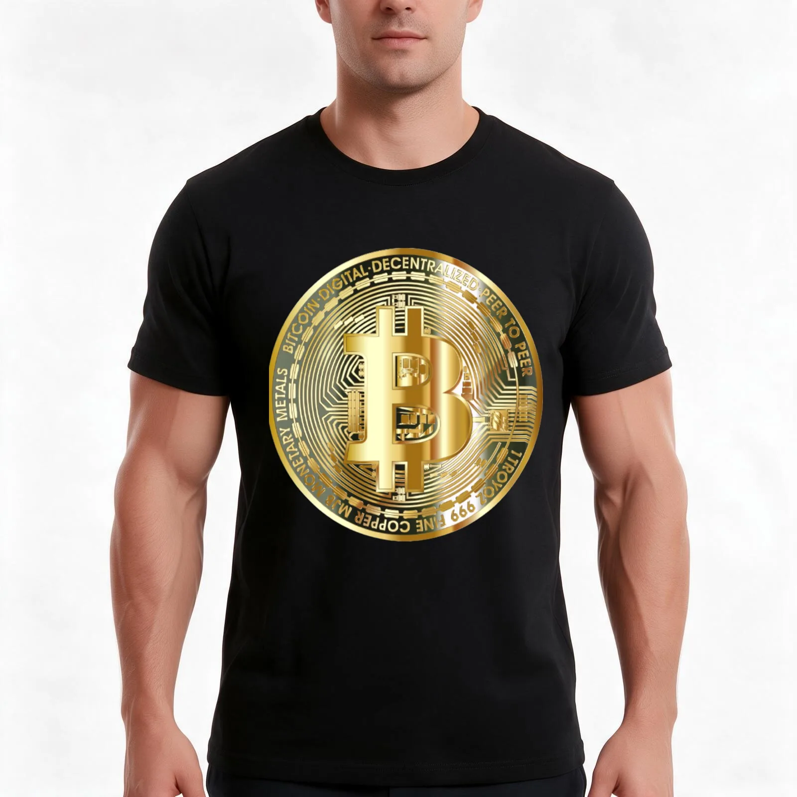 golden Bitcoin T-Shirt, Summer Casual Cotton Tee, Oversized Streetwear Tops, Vintage Graphic Print, Loose Fit Short Sleeve