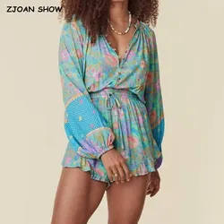 2023 BOHO Open Button V neck Flower Print Full Raglan Sleeve Bodysuits Women Elastic Bow Sashes Short Jumpsuits Romper Holiday