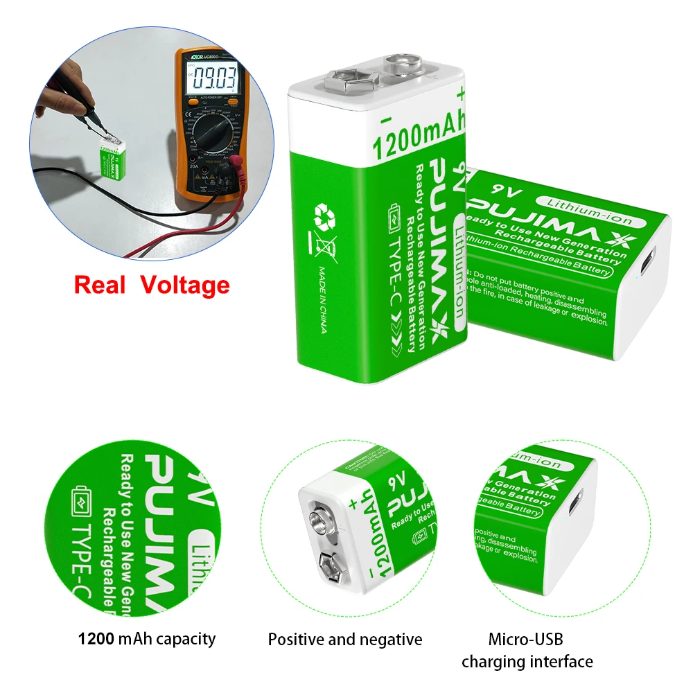 PUJIMAX 9V Battery1200mAh li-ion Rechargeable battery Type-C Batteries  9V lithium for Multimeter Microphone Toy Remote Control