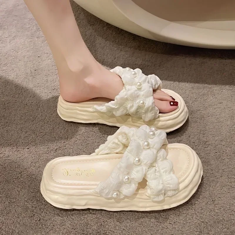 2024 New Fairy Style Platform Dissolved Shoes Seaside Beach Slippers Ins Pearl Sandals Women's Outer Wear