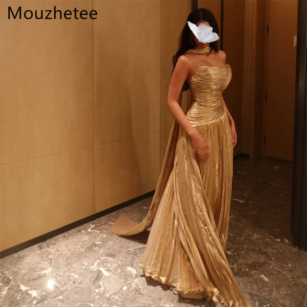 

Mouzhetee Elegant A-Line Strapless Shiny Pleat Dresses Formal Party Gowns for Women Simple Prom Gown Customize 2026