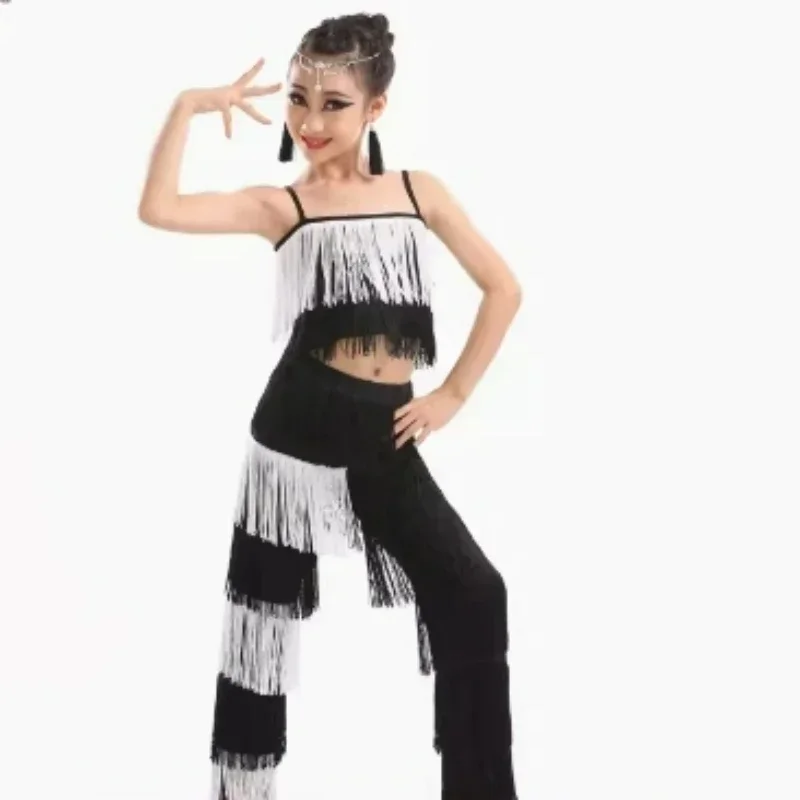 Dziecięce stroje do tańca latynoamerykańskiego, kostiumy do tańca towarzyskiego, spodnie z frędzlami i chwostami w dużych rozmiarach, sukienki, spodnie dla dziewczynek do salsy, samby, stroje sceniczne dla dzieci.