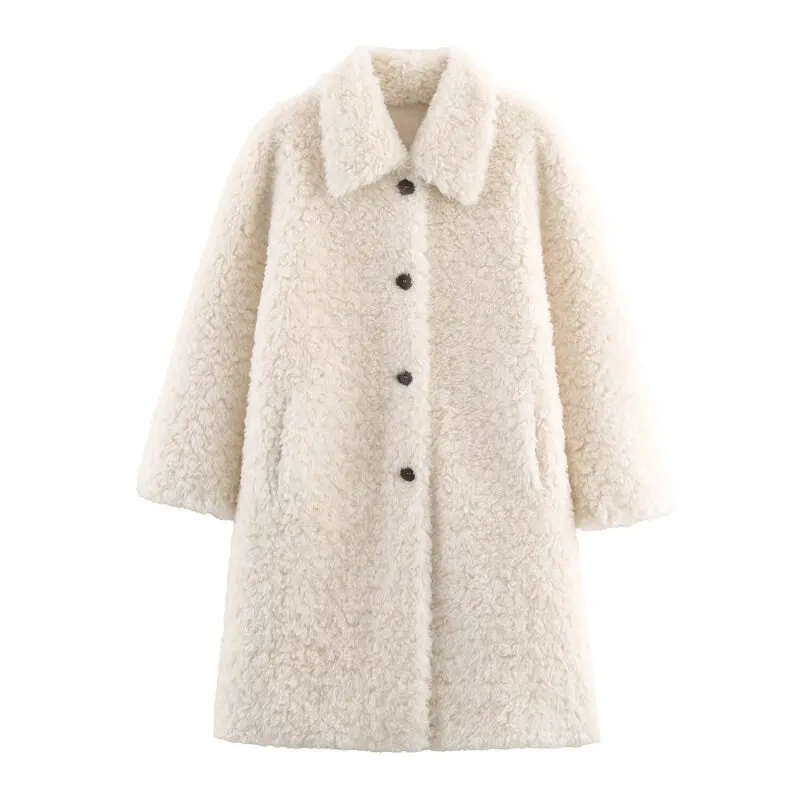 

Women’s Wool Fur Collar Mid-Length Overcoat - Warm Winter Faux Fur Coat for Cold Weather