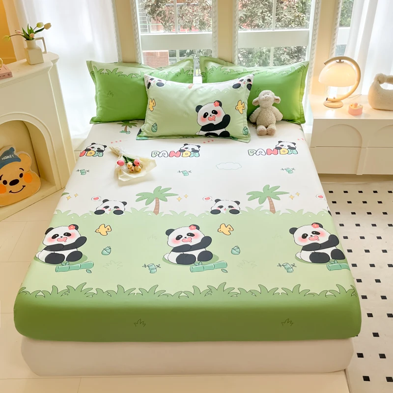 Kawaii Cartoon Panda Fitted Sheet with 2 Pillowcase Bamboo Tree Bed Sheet Set Cotton Bed Cover with Deep Pocket for Child Teen