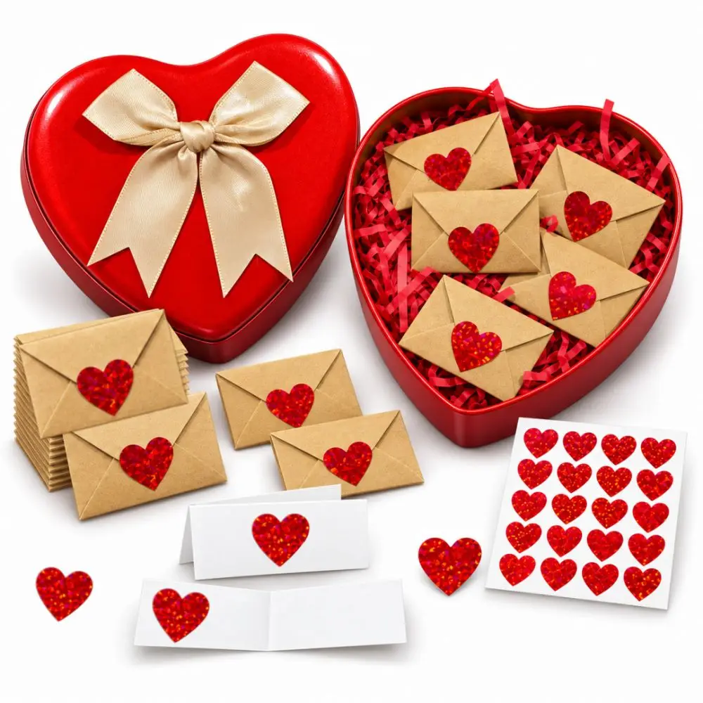 60Pcs Pre-Written Cards Love Letters Envelope Set Heart Stickers Blank Mini Cards DIY Love Notes Box Elegant Box Mini Cards Set